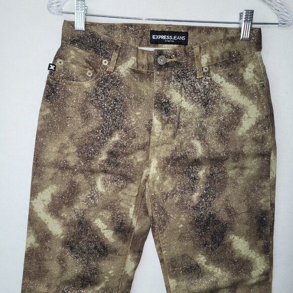 Express Jeans Womens 3/4 Camouflage Gold‎ Brown Metallic Stretch Snakeskin - Picture 2 of 11